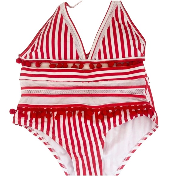Pom Pom Mesh Insert High Waist Bikini, Red - Picture 4 of 9